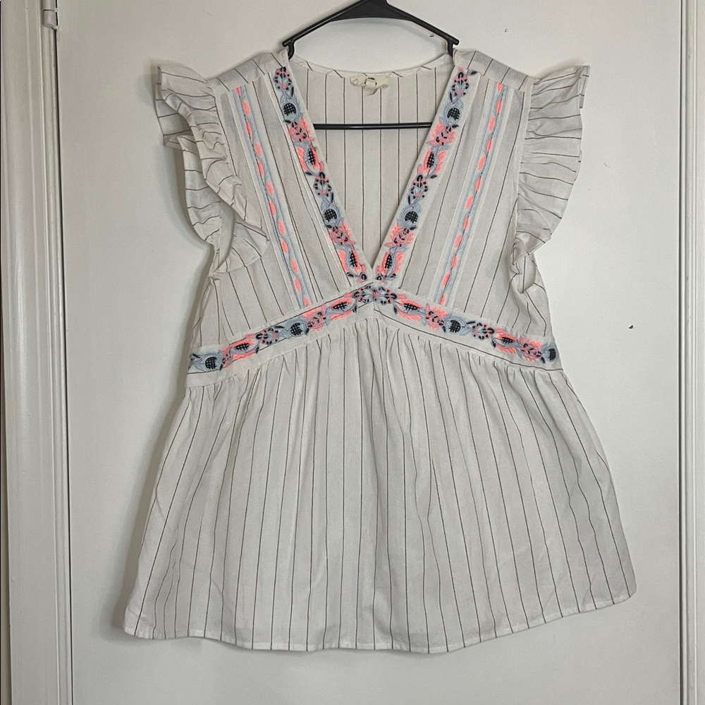 Entro Striped Blouse with Floral Embroidery